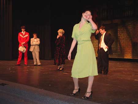 Maggie Jones (Molly Weisblatt) sings for Julian Marsh (Paul Disselkoen), Dorothy Brock (Candace Scholz), Bert Barry (Mike Casey), and Abner Dillon (Frank Collins).