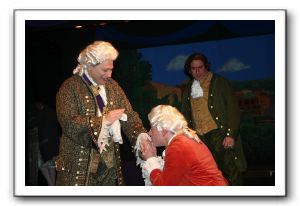 Emperor Franz Joseph (Joseph Mariano), Wolfgang Amadeus Mozart (Zachary Brewster-Geisz), and Count Orsini-Rosenberg (Michael Kreger)