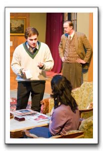 Arden Moscati as Detective Sergeant Trotter questions Jennifer Weinreich as Mollie Ralston, while John Stange, as her husband Giles Ralston, listens.