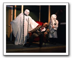 Kevin Harr (Jacob Marley's Ghost), Steve Izant (Ebenezer Scrooge), and Kathleen Lovain (Young Jacob Marley's Ghost)