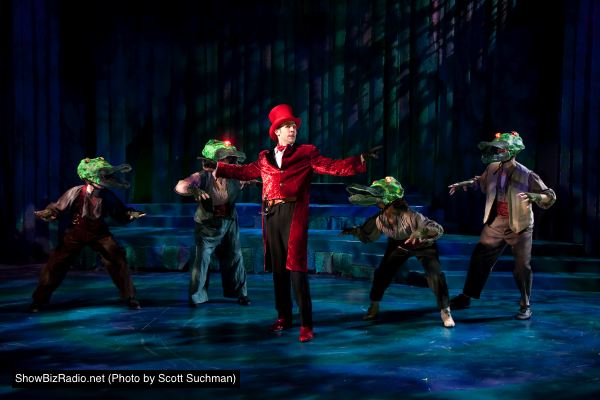 The evil Polydectes (Evan Casey - center) and his gator-men construct a sinister plan