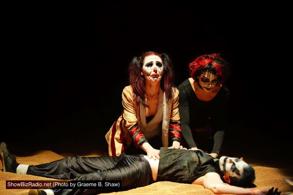 Irina Tsikurishvili as Regan, Ira Koval as Goneril, and Philip Fletcher as Edmund
