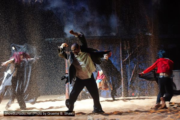 Irina Tsikurishvili as Regan, Irakli Kavsadze as King Lear, Ira Koval as Goneril, and Dallas Tolentino as Servant