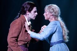 Sam Ludwig (as Ichabod Crane) and Whitney Bashor (as Katrina Van Tassel) come together to fight off the mysterious headless horseman