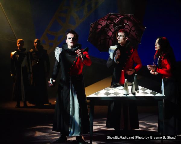 Scott Brown as Cassio, Roger Payano as Othello, and Philip Fletcher, Irina Tsikurishvili, and Alex Mill as Iago