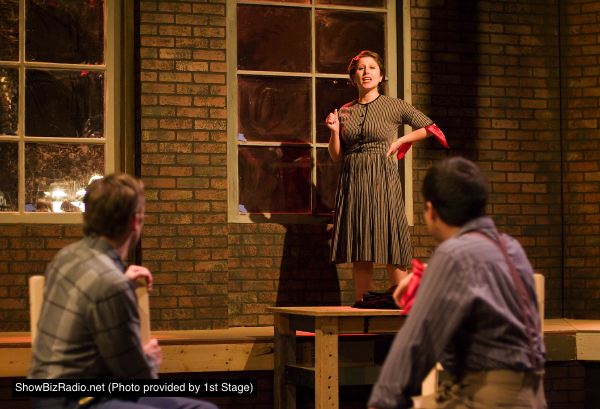 Sherry Berg as Charlotte addresses a local Communist Party meeting as party members Davis Hasty (left) and Mikey Cafarelli look on