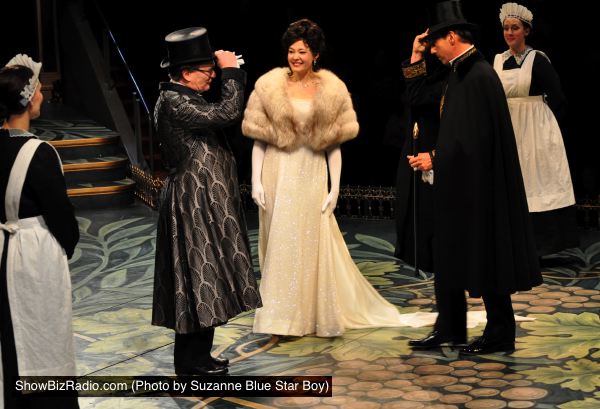 Benedict Campbell as Henry Higgins, Manna Nichols as Eliza Doolittle and Thomas Adrian Simpson as Colonel Pickering, with ensemble members Jennifer Irons and Kim Willes