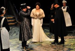 Benedict Campbell as Henry Higgins, Manna Nichols as Eliza Doolittle and Thomas Adrian Simpson as Colonel Pickering, with ensemble members Jennifer Irons and Kim Willes
