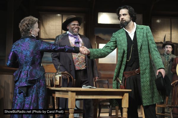 Baptista (Sarah Marshall) agrees to give Petruchio (Cody Nickell) her eldest daughter's hand in marriage