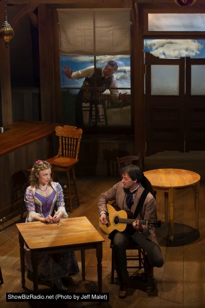 Bianca (Sarah Mollo-Christensen) with suitors Hortensio (Marcus Kyd, foreground) and Lucentio (Thomas Keegan, in window)
