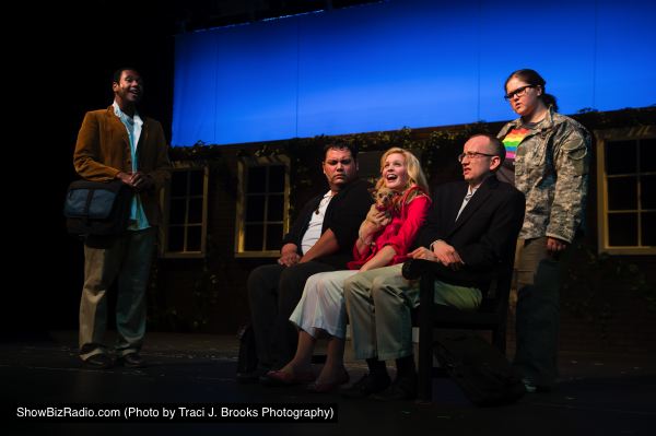 Elle Woods (Kate Merryman) meets fellow students Emmett Forrest (Matthew Lincoln-Bugg), Sundeep Padaman (Chris Gallegos), Aaron Cohen (Quinn McCord) and Enid Hoops (McKenna Weipert)