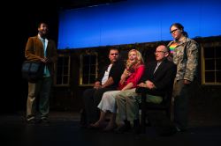 Elle Woods (Kate Merryman) meets fellow students Emmett Forrest (Matthew Lincoln-Bugg), Sundeep Padaman (Chris Gallegos), Aaron Cohen (Quinn McCord) and Enid Hoops (McKenna Weipert)