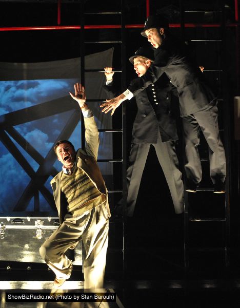 Jason Lott & Evan Casey portray over 100 characters while chasing in their pursuit of Richard Hannay (Jeffries Thaiss)