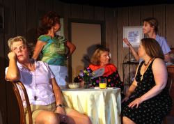 Table: Tina Anderson as Sheree Hollilnger, Gayle Grimes as Vernadette Simms and Laura Champe Mitchell as Jeri Neal McFeeley. Standing: Barbara Hayes as Lexie Richards and Kacie Greenwood as Dinah Grayson