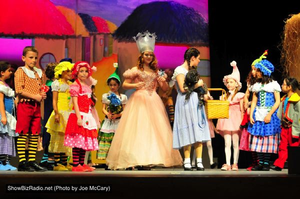 Glinda the Good Witch (Corrieanne Stein) and Dorothy (Kayli Modell) with the Munchkins