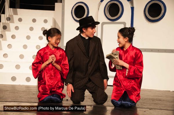 Ryan Savage (as Moonface Martin) 'reforms' Lauren Eng (left, as Ching) and Makiko Miyazaki (as Ling)