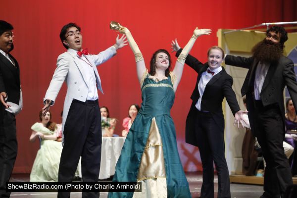 Howard Kim (Waiter), Chad Helig (Rudy Reisenweber), Alexandra Nicopoulos (Dolly Levi), Erin Sullivan (Waiter), and Jo Coenen (Waiter)