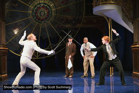 Sir Andrew Aguecheek (James Konicek), Viola (Emily Trask), Feste (Louis Butelli) and Sir Toby Belch (Craig Wallace)
