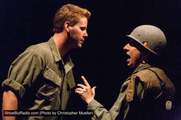 American GI Chris (Gannon O'Brien, left) speaks with a Marine (James Gardiner)