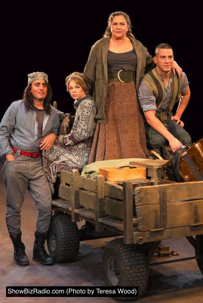 Nehal Joshi as Swiss Cheese, Erin Weaver as Kattrin, Kathleen Turner as Mother Courage and Nicholas Rodriguez as Eilif