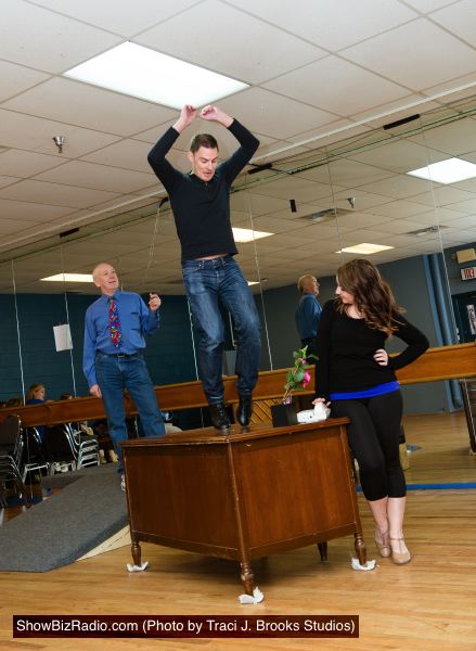 Sean Cator (Young Danny) taps while Richard Durkin (Danny) and Evie Korovesis (Kira) look on