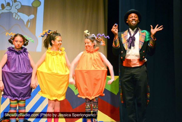Melissa Handel, Faith Skeen and Mia Parnaby as Oompa-Loompas and Sedrick Moody as Willy Wonka