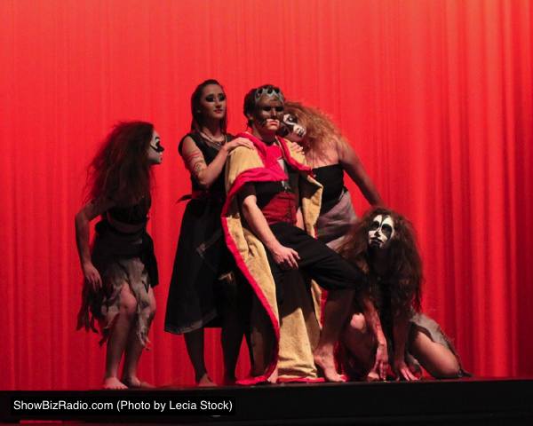 Katie Humphries (Third Witch), Alicia Hartz (Lady Macbeth), Jeffery Warren (Macbeth), Bailey Kowalski (First Witch), and Carly Greenfeild (Second Witch)