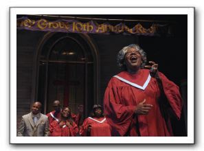 Bernardine Mitchell as Sarah, with (L to R in back) John McClure, Jr. as Pastor Harold P. Jones, Kashaun T. Wilson as Jamal, Ashley Jeudy as Monique,
