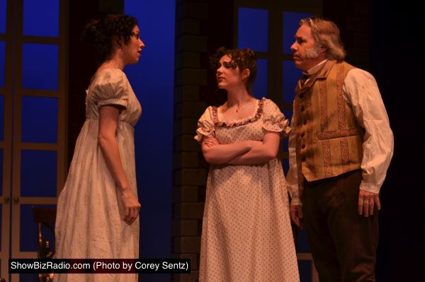 Caitlin McWethy (Elizabeth Bennet), Solveig Moe (Lydia Bennet), Jim Reiter (Mr. Bennet)